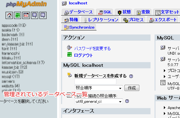 phpMyadminで管理されているデータベース一覧
