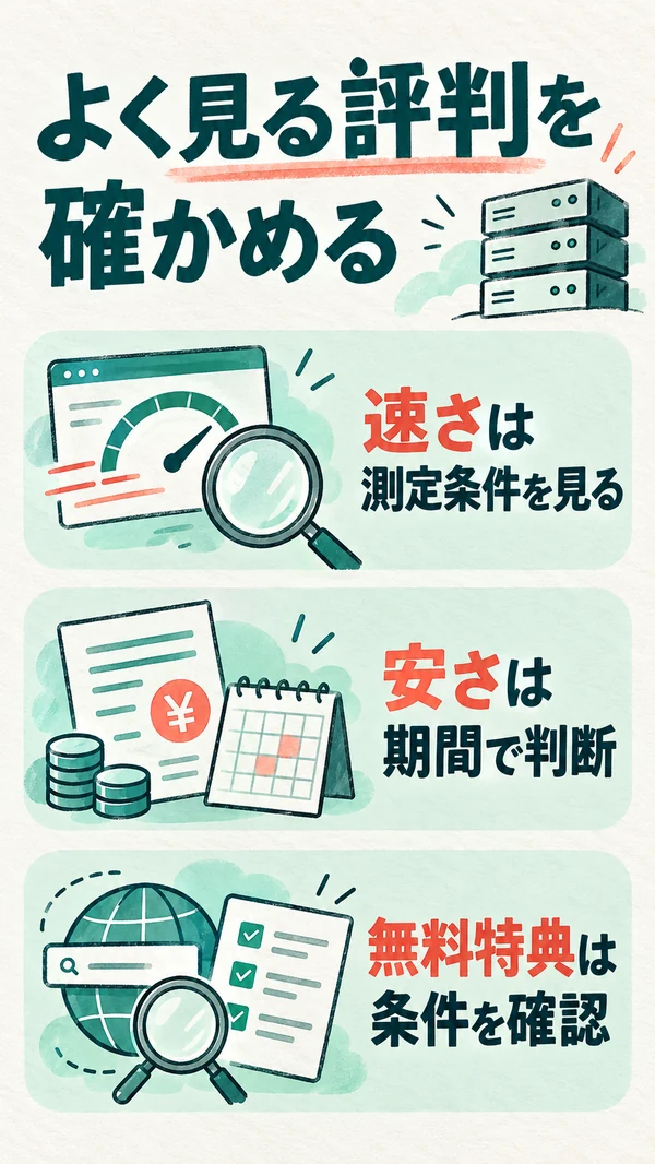 よく見る評判を確かめる：速い・安い・ドメイン無料・お試しなしを公式で突き合わせる