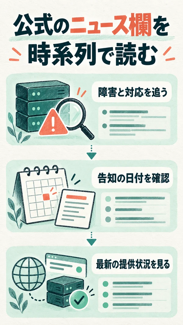 公式のニュース欄を時系列で読む：障害と対応を追う／告知の日付を確認／最新の提供状況を見る