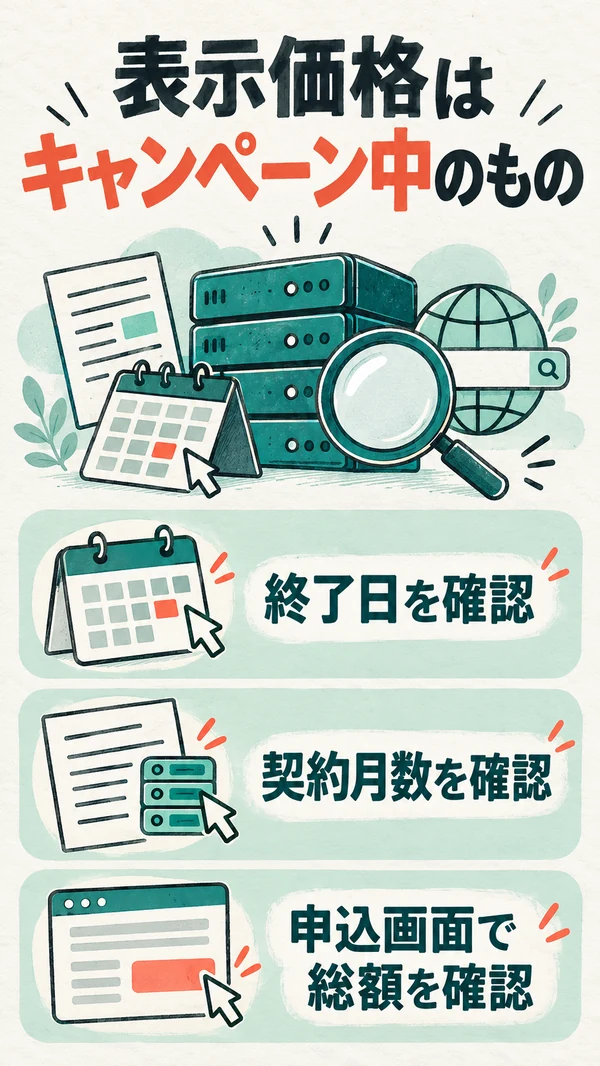 表示価格はキャンペーン中のもの：終了日を確認／契約月数を確認／申込画面で総額を確認