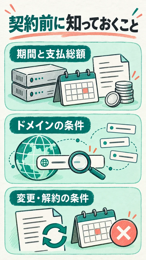 契約前に知っておくこと：契約期間・試せないこと・プラン変更の返金・ドメインの扱い
