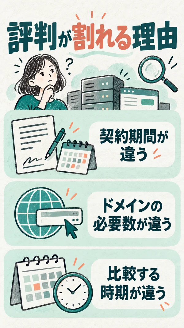 評判が割れる理由：契約期間とドメインの有無で、同じサービスの評価が逆になる