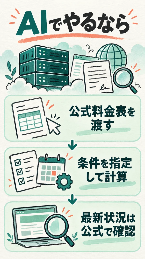 AIでやるなら：公式の表を渡して計算させる。評判や最新状況は自分で見る
