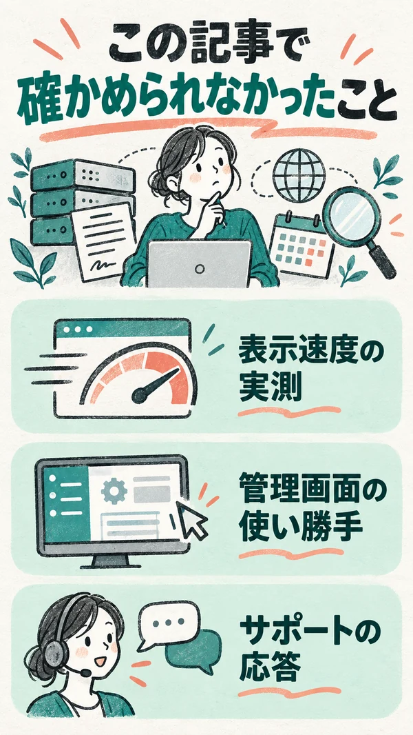 この記事で確かめられなかったこと：速度の実測・管理画面・サポートの応答